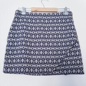 Francesca's Buttons Ikat Cream and Blue Faux Wrap Mini Skirt, MED